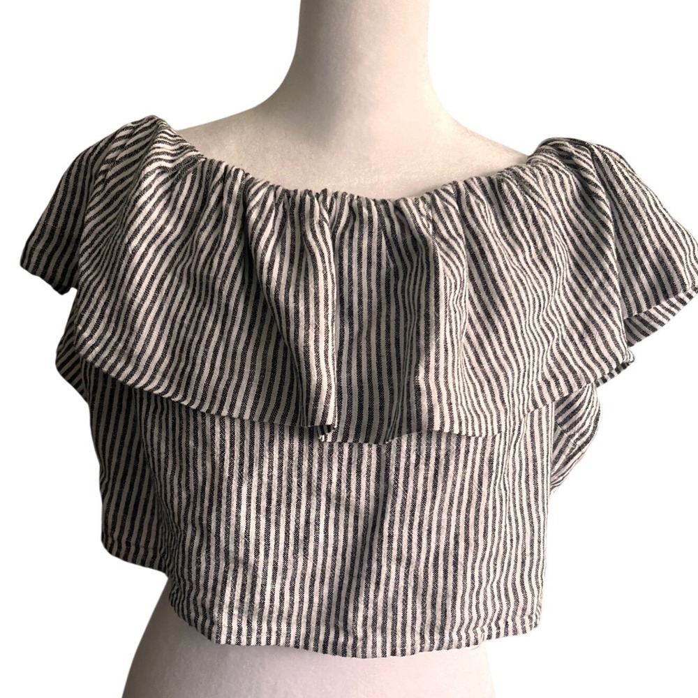NWOT A New Day XL Striped Off-the-Shoulder Ruffle Linen Blend Crop Top Black